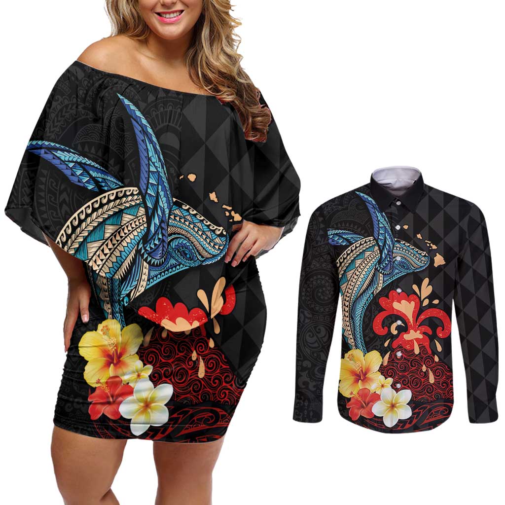 Hawaiian Whale and Volcanic Eruption Couples Matching Off Shoulder Short Dress and Long Sleeve Button Shirt Hibiscus and Kakau Pattern