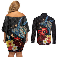 Hawaiian Whale and Volcanic Eruption Couples Matching Off Shoulder Short Dress and Long Sleeve Button Shirt Hibiscus and Kakau Pattern