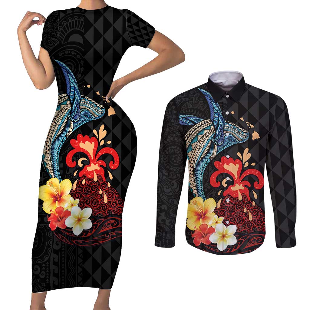 Hawaiian Whale and Volcanic Eruption Couples Matching Short Sleeve Bodycon Dress and Long Sleeve Button Shirt Hibiscus and Kakau Pattern