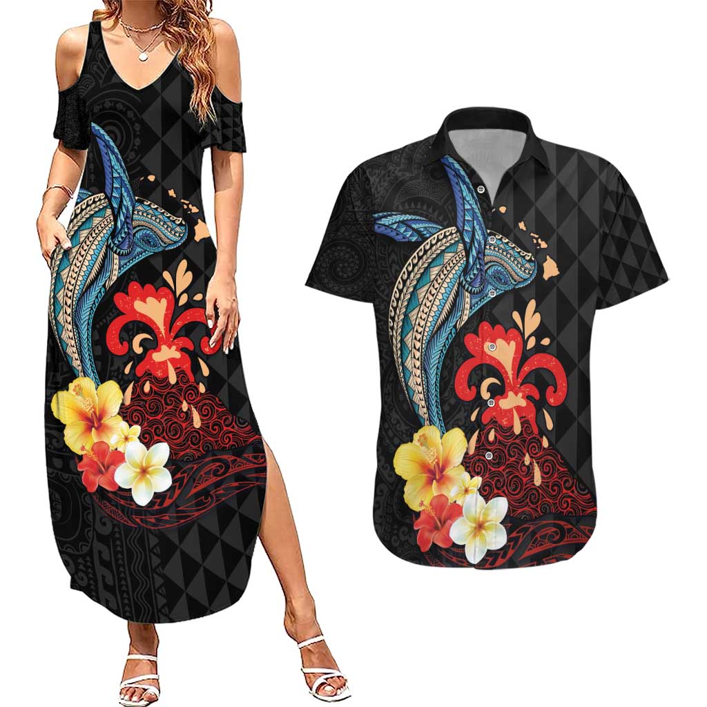 Hawaiian Whale and Volcanic Eruption Couples Matching Summer Maxi Dress and Hawaiian Shirt Hibiscus and Kakau Pattern
