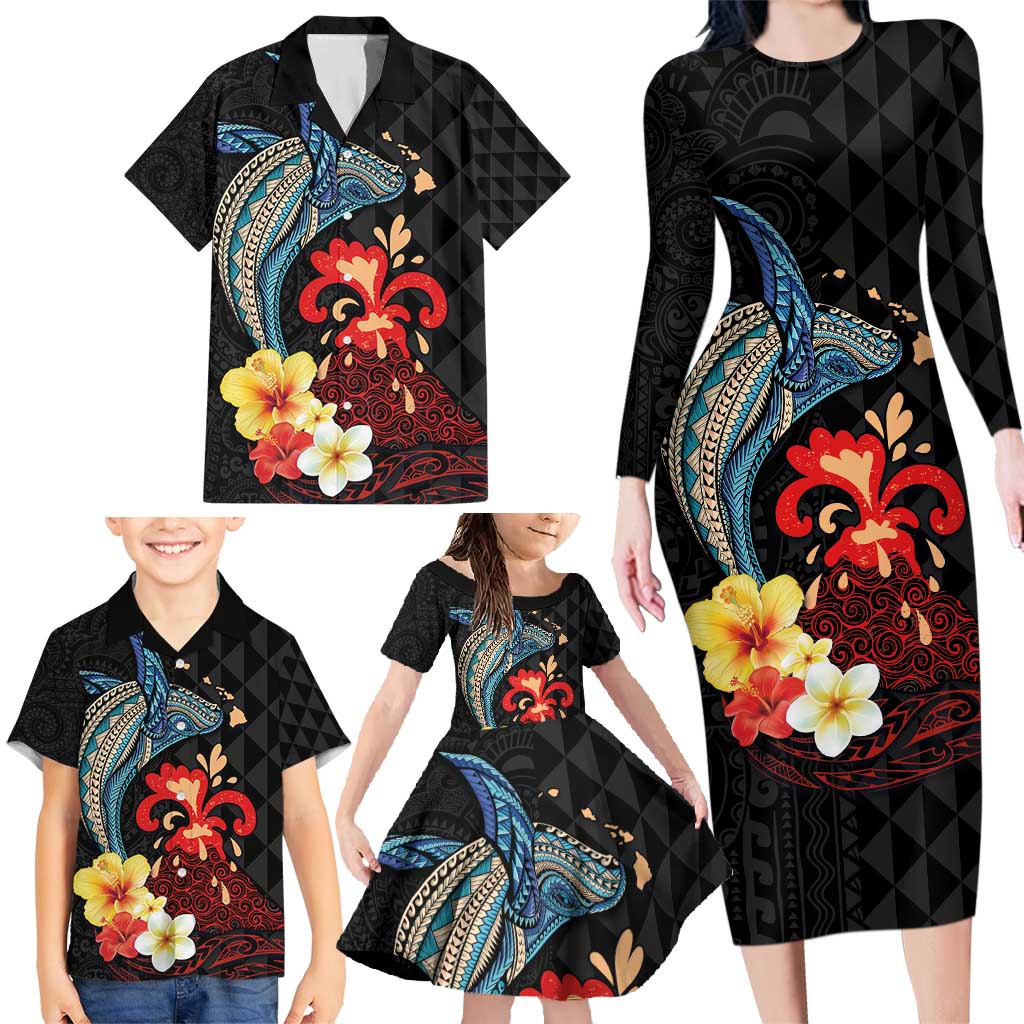 Hawaiian Whale and Volcanic Eruption Family Matching Long Sleeve Bodycon Dress and Hawaiian Shirt Hibiscus and Kakau Pattern LT03 - Polynesian Pride
