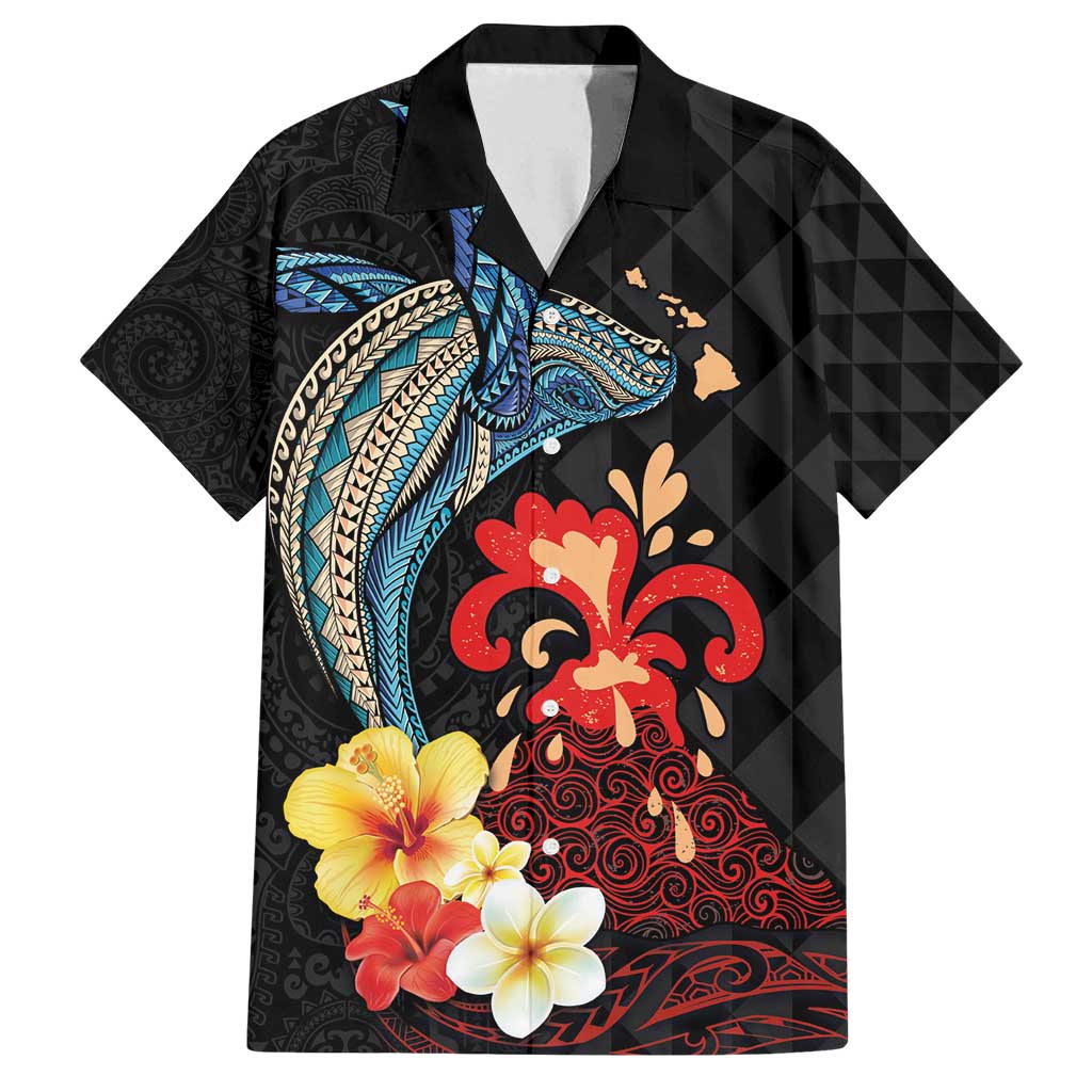 Hawaiian Whale and Volcanic Eruption Family Matching Long Sleeve Bodycon Dress and Hawaiian Shirt Hibiscus and Kakau Pattern LT03 Dad's Shirt - Short Sleeve Black - Polynesian Pride