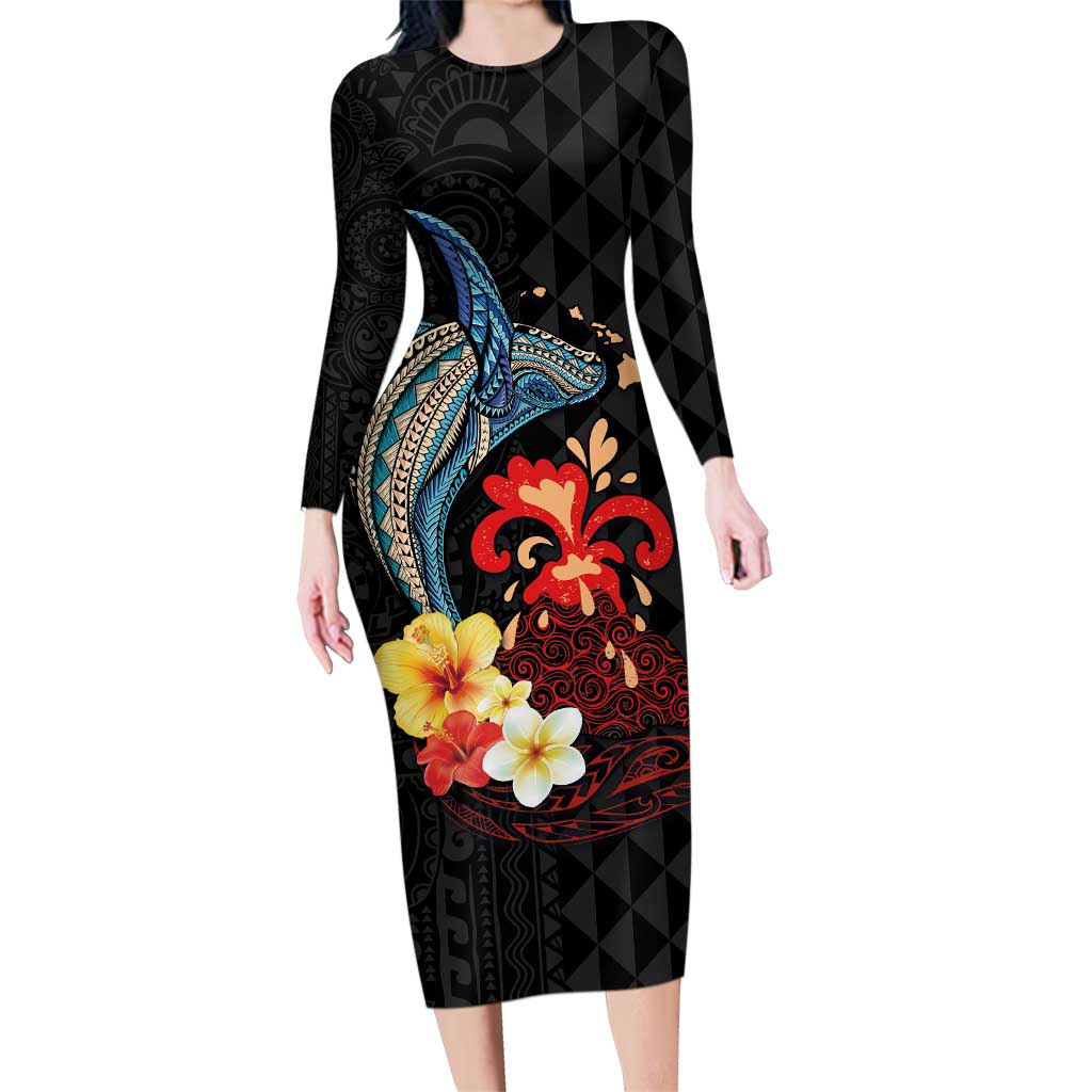Hawaiian Whale and Volcanic Eruption Family Matching Long Sleeve Bodycon Dress and Hawaiian Shirt Hibiscus and Kakau Pattern LT03 Mom's Dress Black - Polynesian Pride