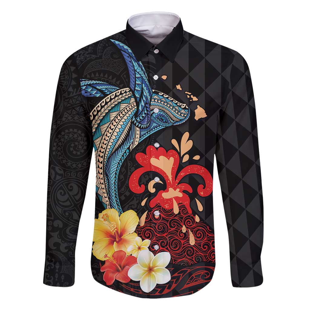 Hawaiian Whale and Volcanic Eruption Family Matching Mermaid Dress and Hawaiian Shirt Hibiscus and Kakau Pattern LT03 Dad's Shirt - Long Sleeve Black - Polynesian Pride