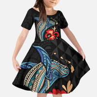 Hawaiian Whale and Volcanic Eruption Family Matching Puletasi and Hawaiian Shirt Hibiscus and Kakau Pattern LT03 Daughter's Dress Black - Polynesian Pride