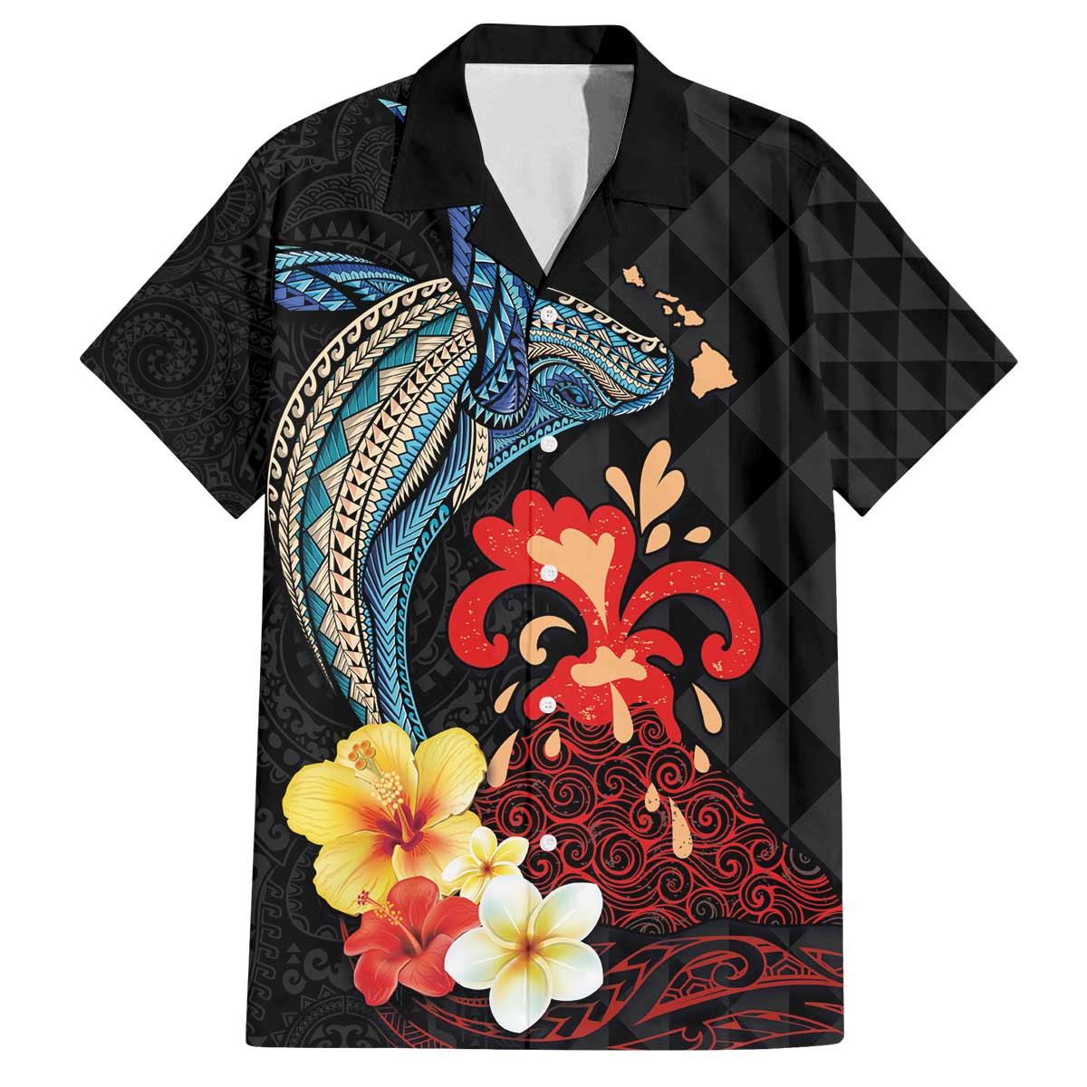 Hawaiian Whale and Volcanic Eruption Family Matching Puletasi and Hawaiian Shirt Hibiscus and Kakau Pattern LT03 Dad's Shirt - Short Sleeve Black - Polynesian Pride
