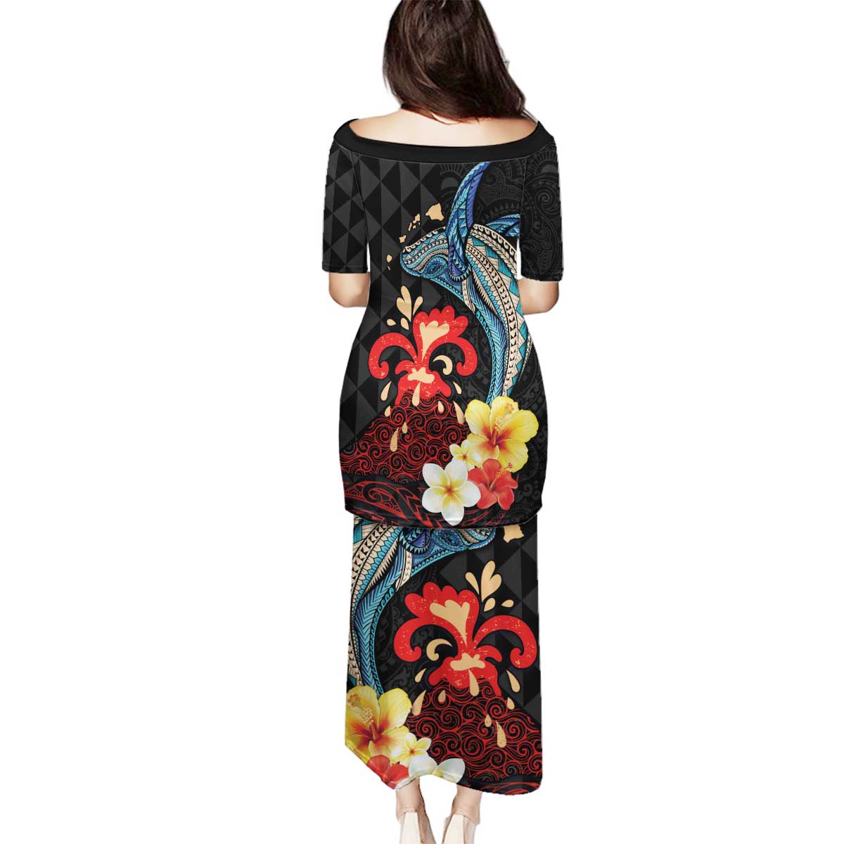 Hawaiian Whale and Volcanic Eruption Family Matching Puletasi and Hawaiian Shirt Hibiscus and Kakau Pattern LT03 - Polynesian Pride