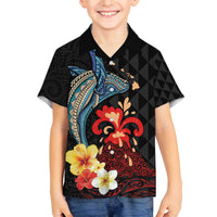 Hawaiian Whale and Volcanic Eruption Family Matching Puletasi and Hawaiian Shirt Hibiscus and Kakau Pattern LT03 Son's Shirt Black - Polynesian Pride