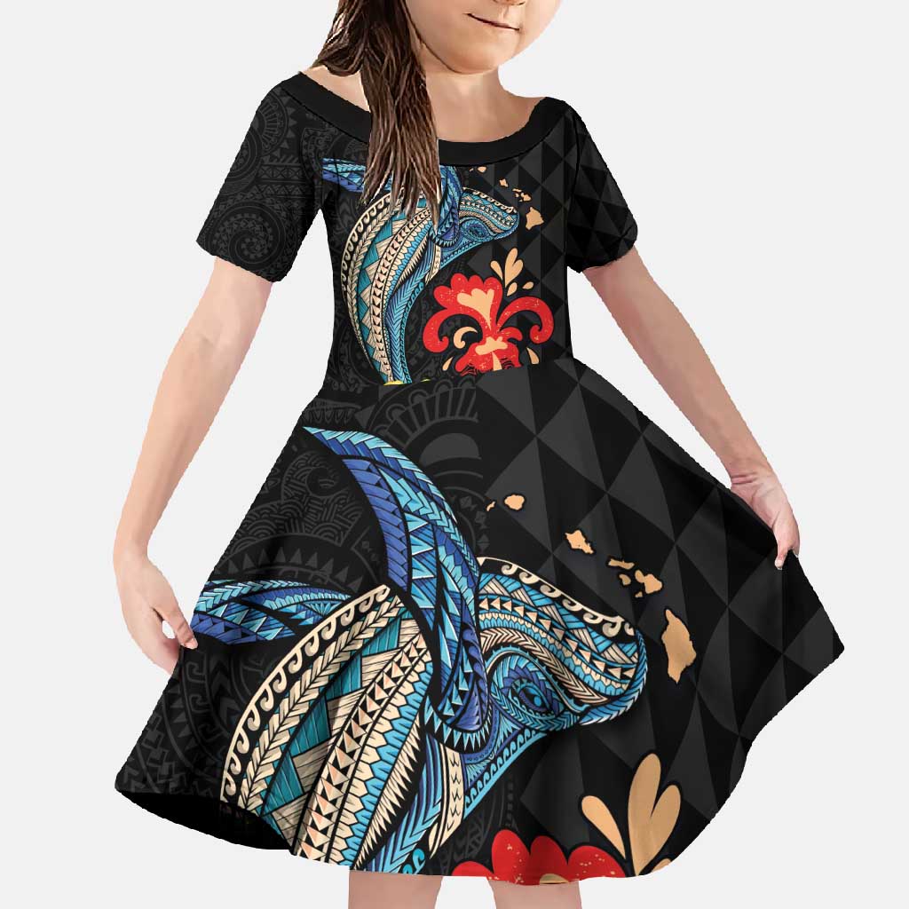 Hawaiian Whale and Volcanic Eruption Family Matching Short Sleeve Bodycon Dress and Hawaiian Shirt Hibiscus and Kakau Pattern LT03 Daughter's Dress Black - Polynesian Pride