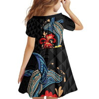 Hawaiian Whale and Volcanic Eruption Family Matching Short Sleeve Bodycon Dress and Hawaiian Shirt Hibiscus and Kakau Pattern LT03 - Polynesian Pride
