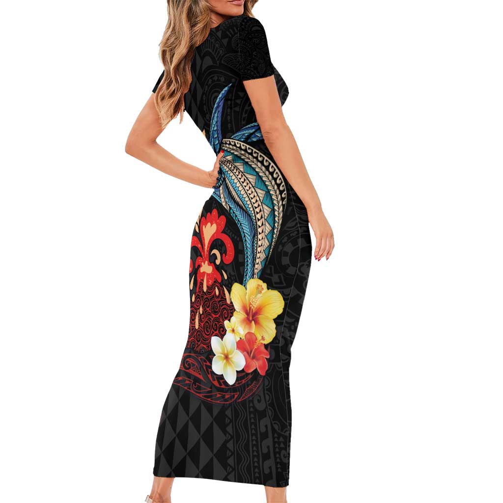 Hawaiian Whale and Volcanic Eruption Family Matching Short Sleeve Bodycon Dress and Hawaiian Shirt Hibiscus and Kakau Pattern LT03 - Polynesian Pride