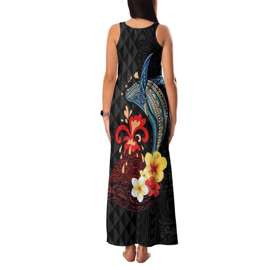 Hawaiian Whale and Volcanic Eruption Family Matching Tank Maxi Dress and Hawaiian Shirt Hibiscus and Kakau Pattern