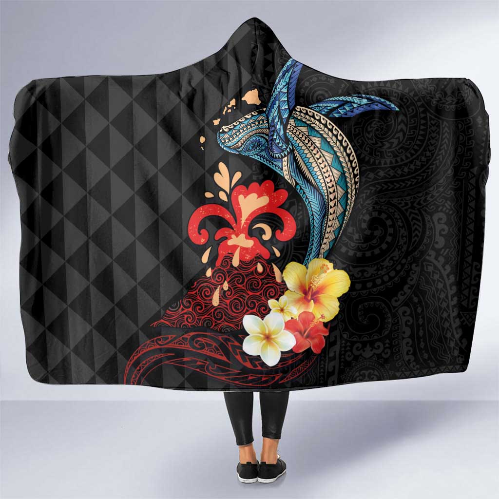 Hawaiian Whale and Volcanic Eruption Hooded Blanket Hibiscus and Kakau Pattern