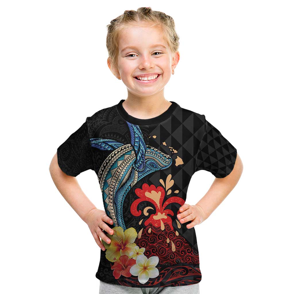 Hawaiian Whale and Volcanic Eruption Kid T Shirt Hibiscus and Kakau Pattern