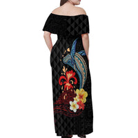 Hawaiian Whale and Volcanic Eruption Off Shoulder Maxi Dress Hibiscus and Kakau Pattern