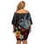 Hawaiian Whale and Volcanic Eruption Off Shoulder Short Dress Hibiscus and Kakau Pattern