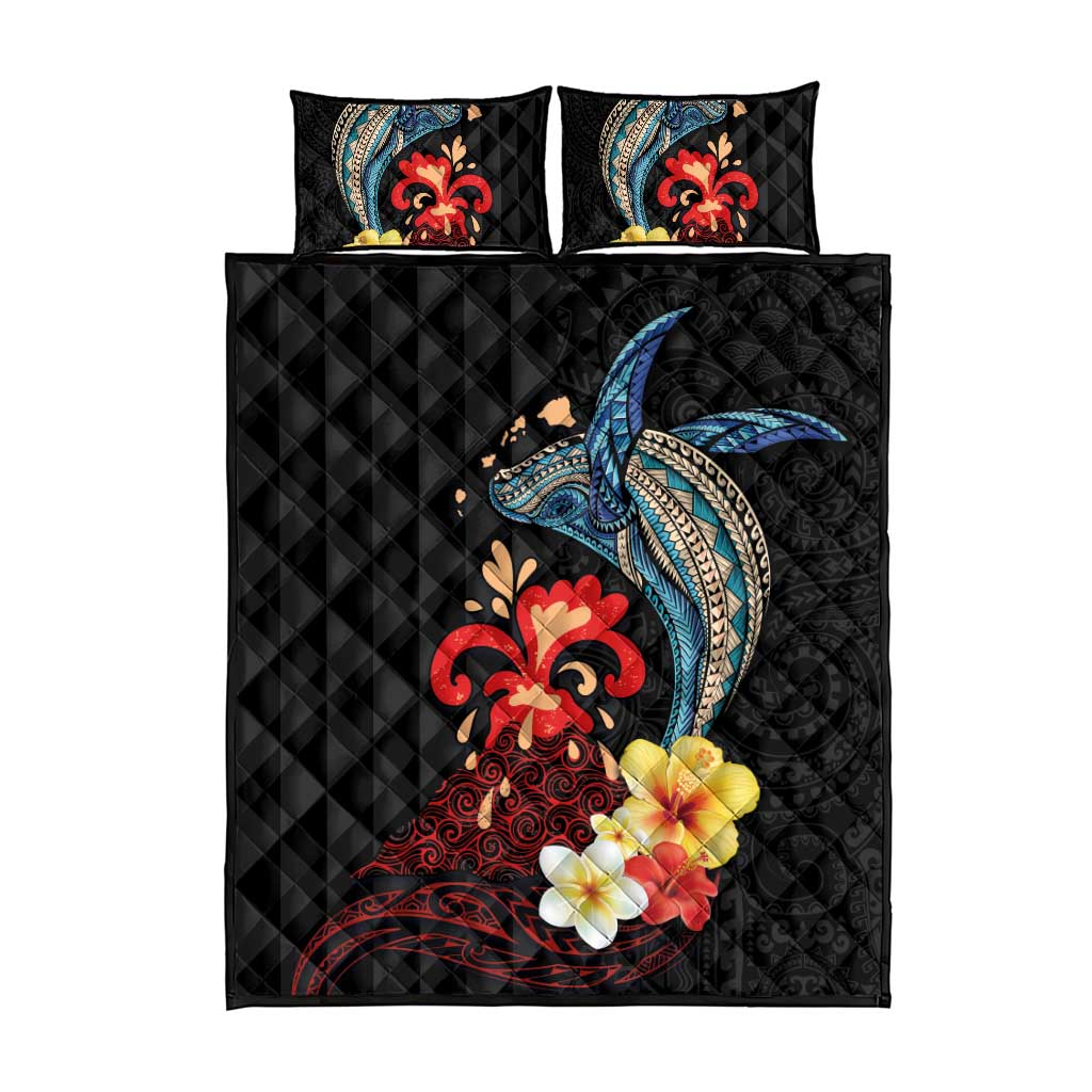 Hawaiian Whale and Volcanic Eruption Quilt Bed Set Hibiscus and Kakau Pattern LT03 - Polynesian Pride