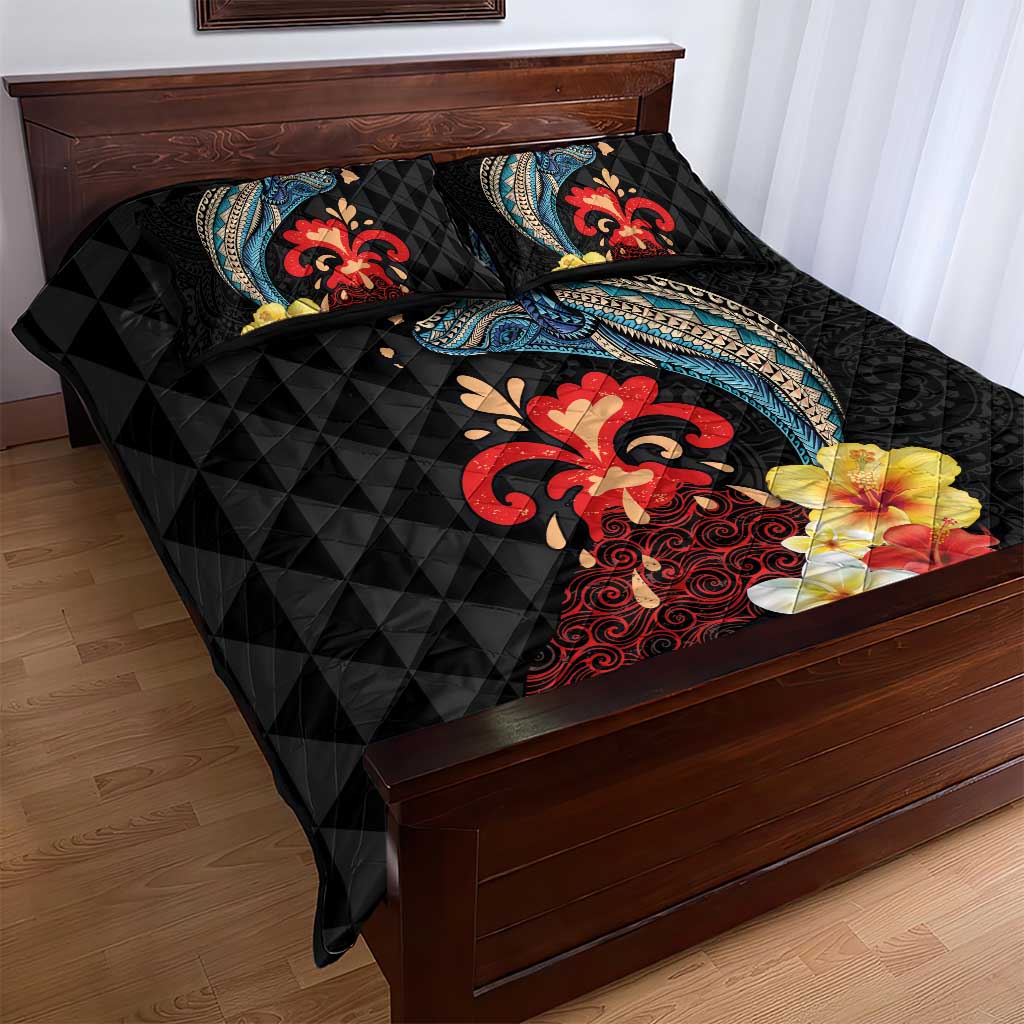 Hawaiian Whale and Volcanic Eruption Quilt Bed Set Hibiscus and Kakau Pattern LT03 - Polynesian Pride