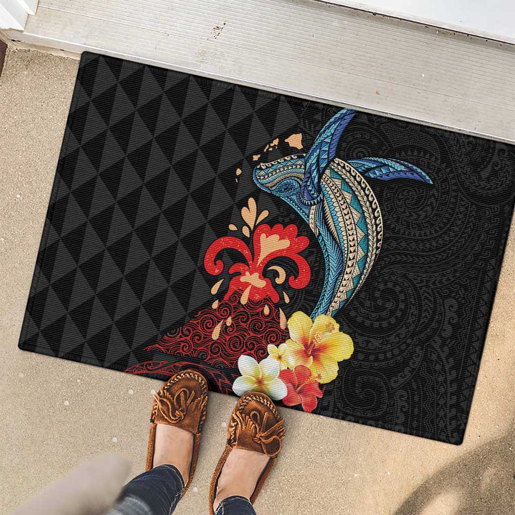 Hawaiian Whale and Volcanic Eruption Rubber Doormat Hibiscus and Kakau Pattern