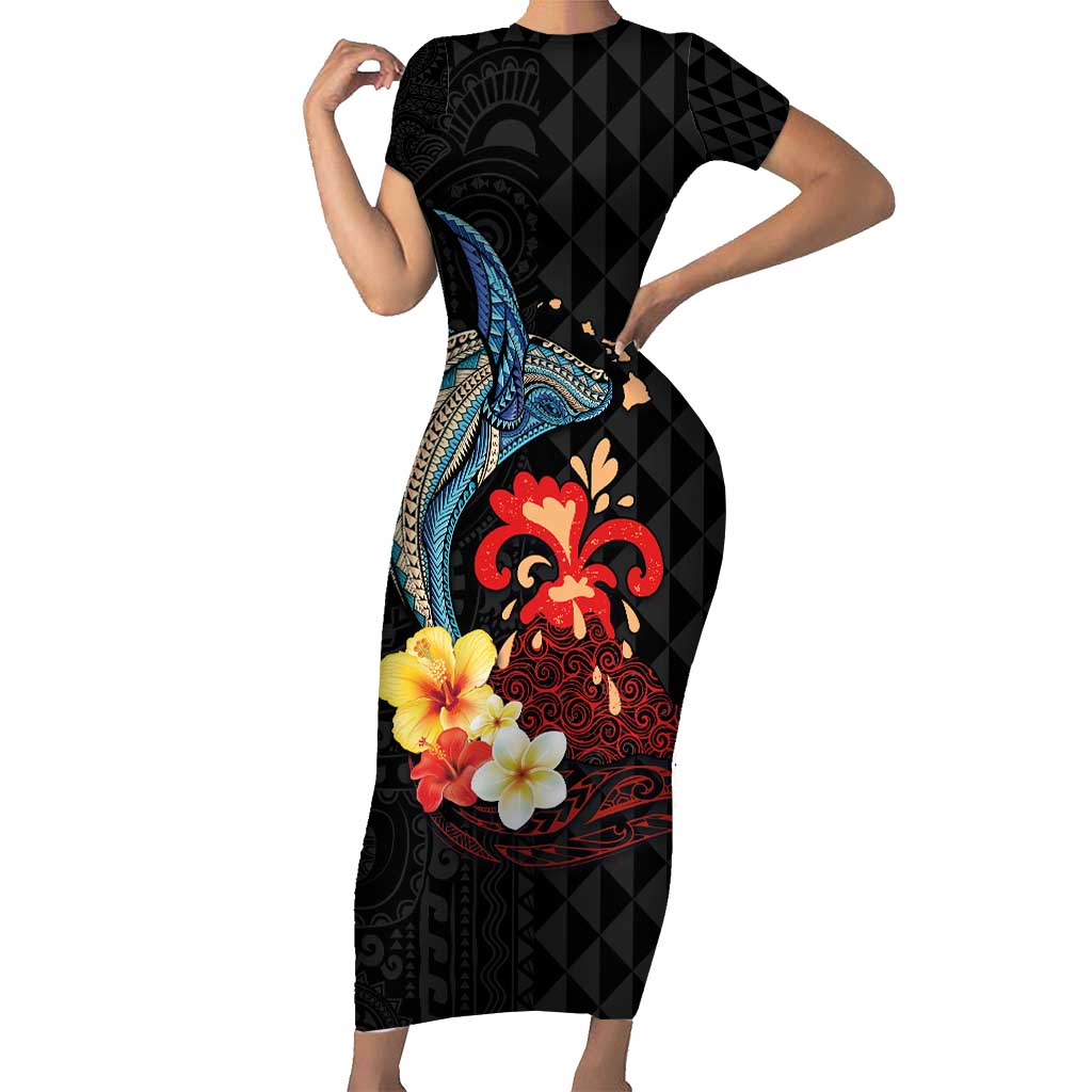 Hawaiian Whale and Volcanic Eruption Short Sleeve Bodycon Dress Hibiscus and Kakau Pattern