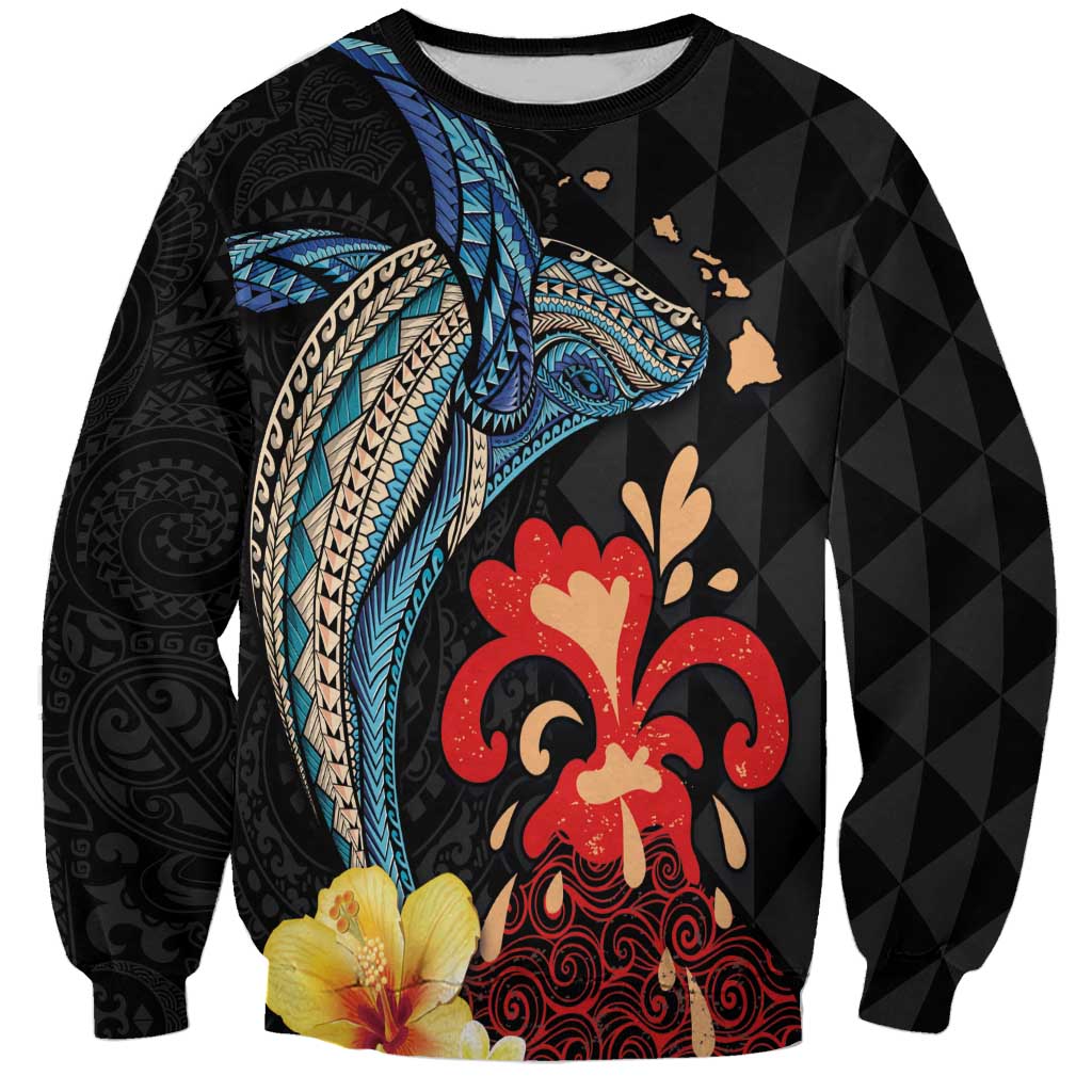Hawaiian Whale and Volcanic Eruption Sweatshirt Hibiscus and Kakau Pattern