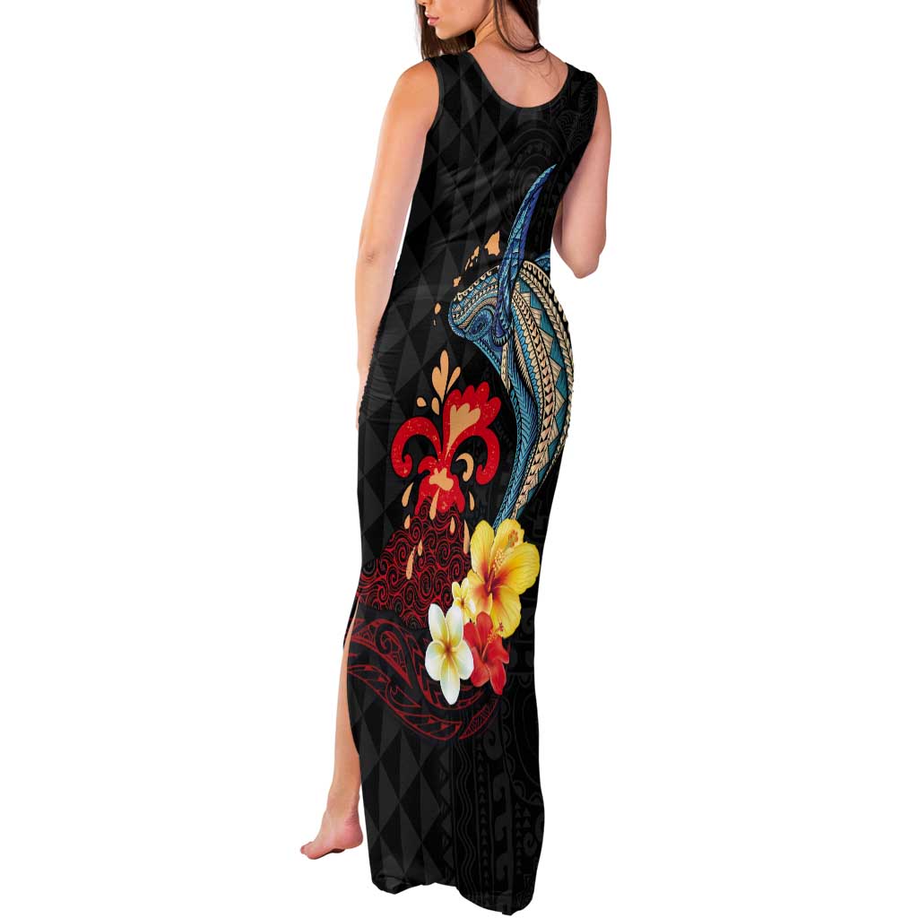 Hawaiian Whale and Volcanic Eruption Tank Maxi Dress Hibiscus and Kakau Pattern