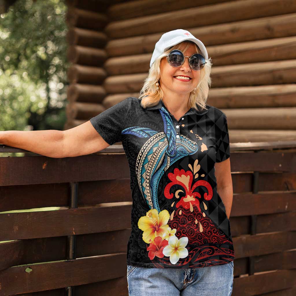 Hawaiian Whale and Volcanic Eruption Women Polo Shirt Hibiscus and Kakau Pattern