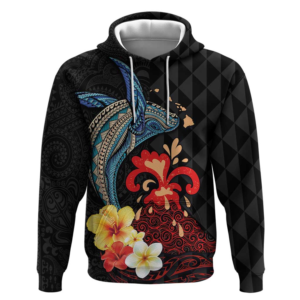 Hawaiian Whale and Volcanic Eruption Zip Hoodie Hibiscus and Kakau Pattern LT03 Pullover Hoodie Black - Polynesian Pride