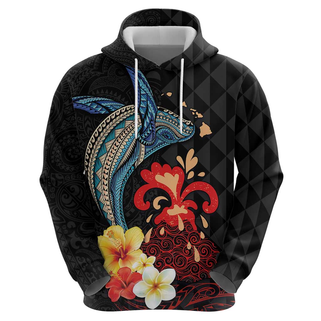 Hawaiian Whale and Volcanic Eruption Zip Hoodie Hibiscus and Kakau Pattern LT03 - Polynesian Pride