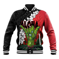 Hawaiian Halloween Baseball Jacket Horror Shaka Hand with Plumeria and Polynesian Tattoo Blood Color