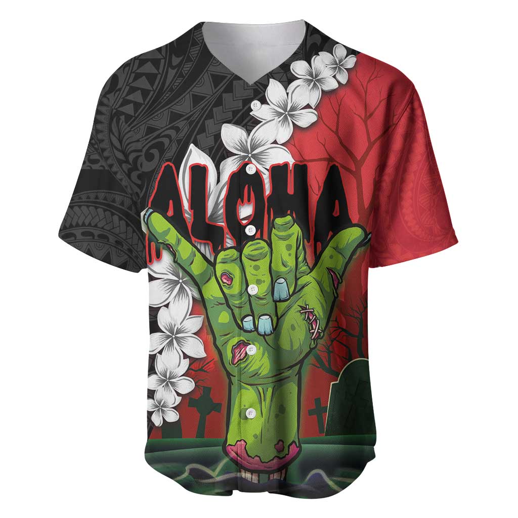 Hawaiian Halloween Baseball Jersey Horror Shaka Hand with Plumeria and Polynesian Tattoo Blood Color LT03 Red - Polynesian Pride