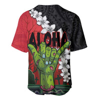 Hawaiian Halloween Baseball Jersey Horror Shaka Hand with Plumeria and Polynesian Tattoo Blood Color LT03 - Polynesian Pride
