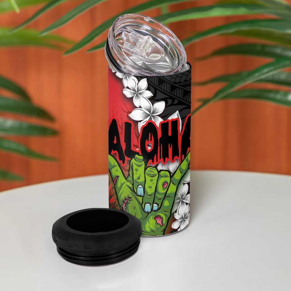 Hawaiian Halloween 4 in 1 Can Cooler Tumbler Horror Shaka Hand with Plumeria and Polynesian Tattoo Blood Color