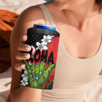 Hawaiian Halloween 4 in 1 Can Cooler Tumbler Horror Shaka Hand with Plumeria and Polynesian Tattoo Blood Color