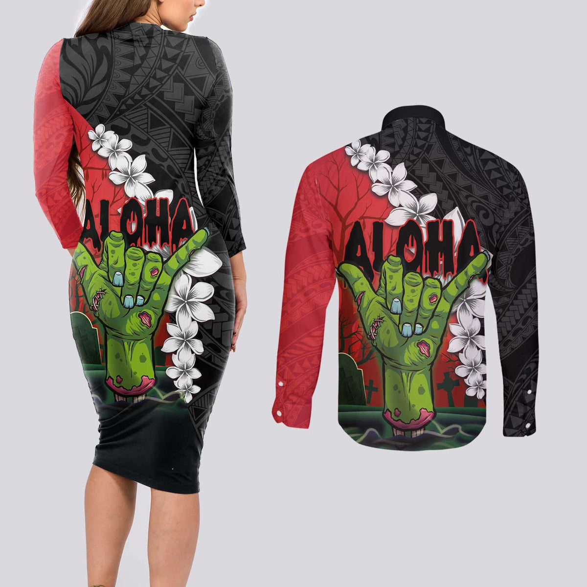 Hawaiian Halloween Couples Matching Long Sleeve Bodycon Dress and Long Sleeve Button Shirt Horror Shaka Hand with Plumeria and Polynesian Tattoo Blood Color