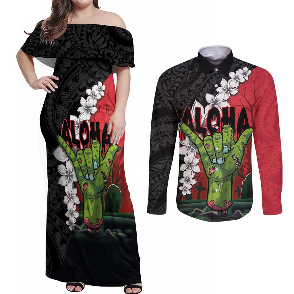 Hawaiian Halloween Couples Matching Off Shoulder Maxi Dress and Long Sleeve Button Shirt Horror Shaka Hand with Plumeria and Polynesian Tattoo Blood Color