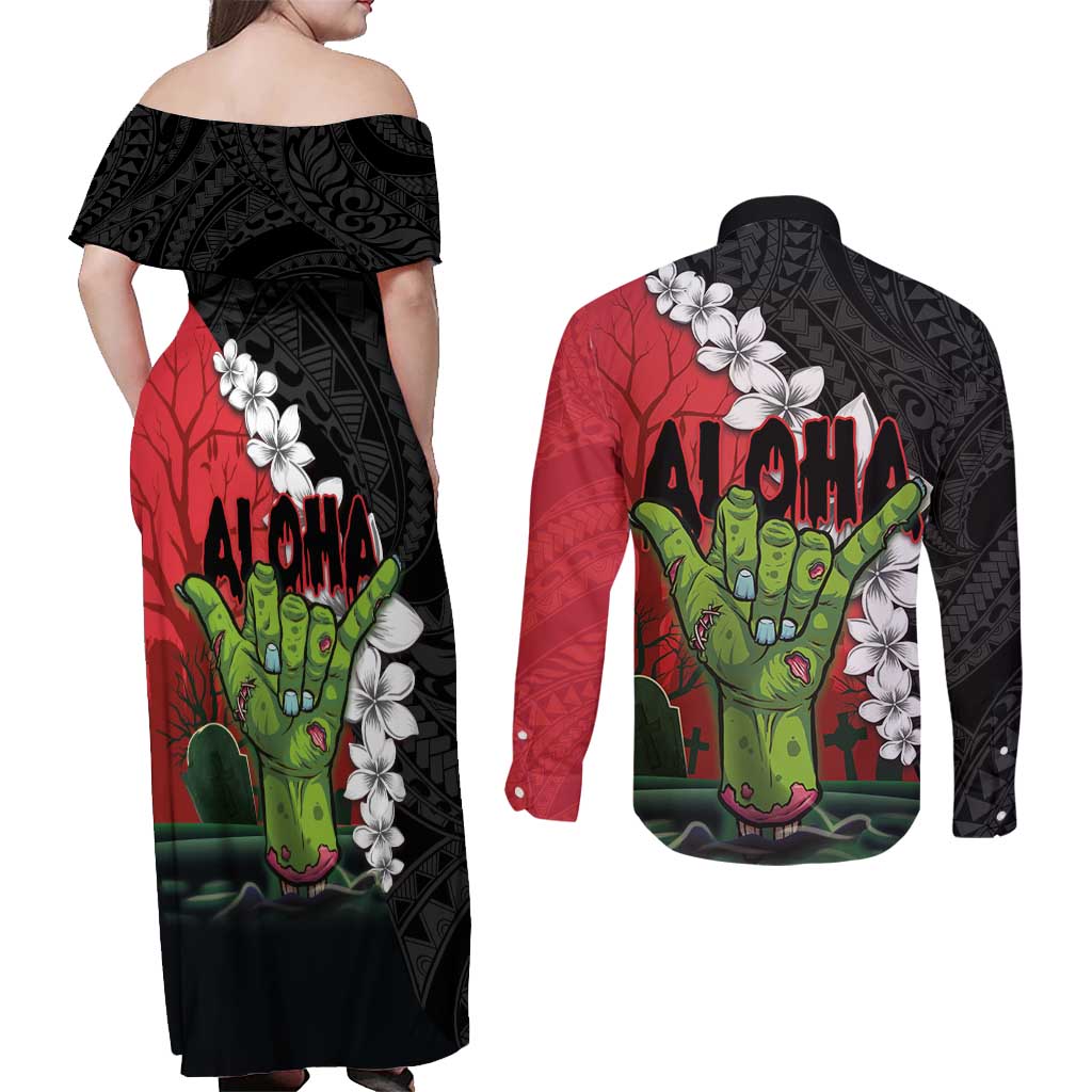 Hawaiian Halloween Couples Matching Off Shoulder Maxi Dress and Long Sleeve Button Shirt Horror Shaka Hand with Plumeria and Polynesian Tattoo Blood Color