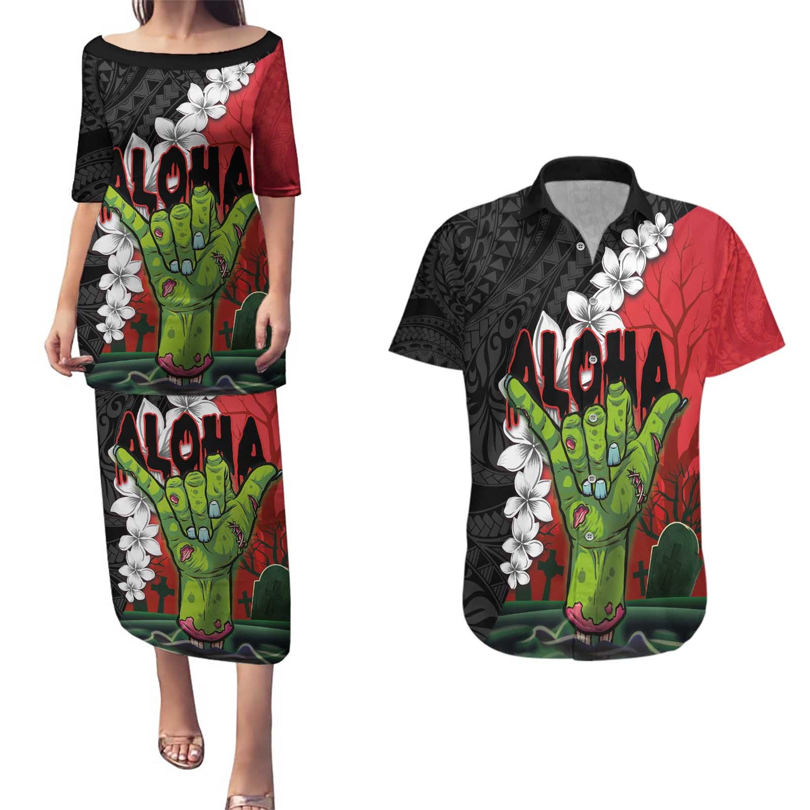 Hawaiian Halloween Couples Matching Puletasi and Hawaiian Shirt Horror Shaka Hand with Plumeria and Polynesian Tattoo Blood Color