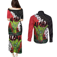 Hawaiian Halloween Couples Matching Puletasi and Long Sleeve Button Shirt Horror Shaka Hand with Plumeria and Polynesian Tattoo Blood Color