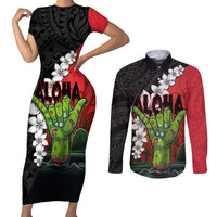 Hawaiian Halloween Couples Matching Short Sleeve Bodycon Dress and Long Sleeve Button Shirt Horror Shaka Hand with Plumeria and Polynesian Tattoo Blood Color