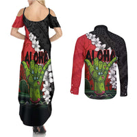 Hawaiian Halloween Couples Matching Summer Maxi Dress and Long Sleeve Button Shirt Horror Shaka Hand with Plumeria and Polynesian Tattoo Blood Color