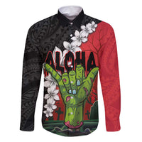 Hawaiian Halloween Family Matching Mermaid Dress and Hawaiian Shirt Horror Shaka Hand with Plumeria and Polynesian Tattoo Blood Color LT03 Dad's Shirt - Long Sleeve Red - Polynesian Pride