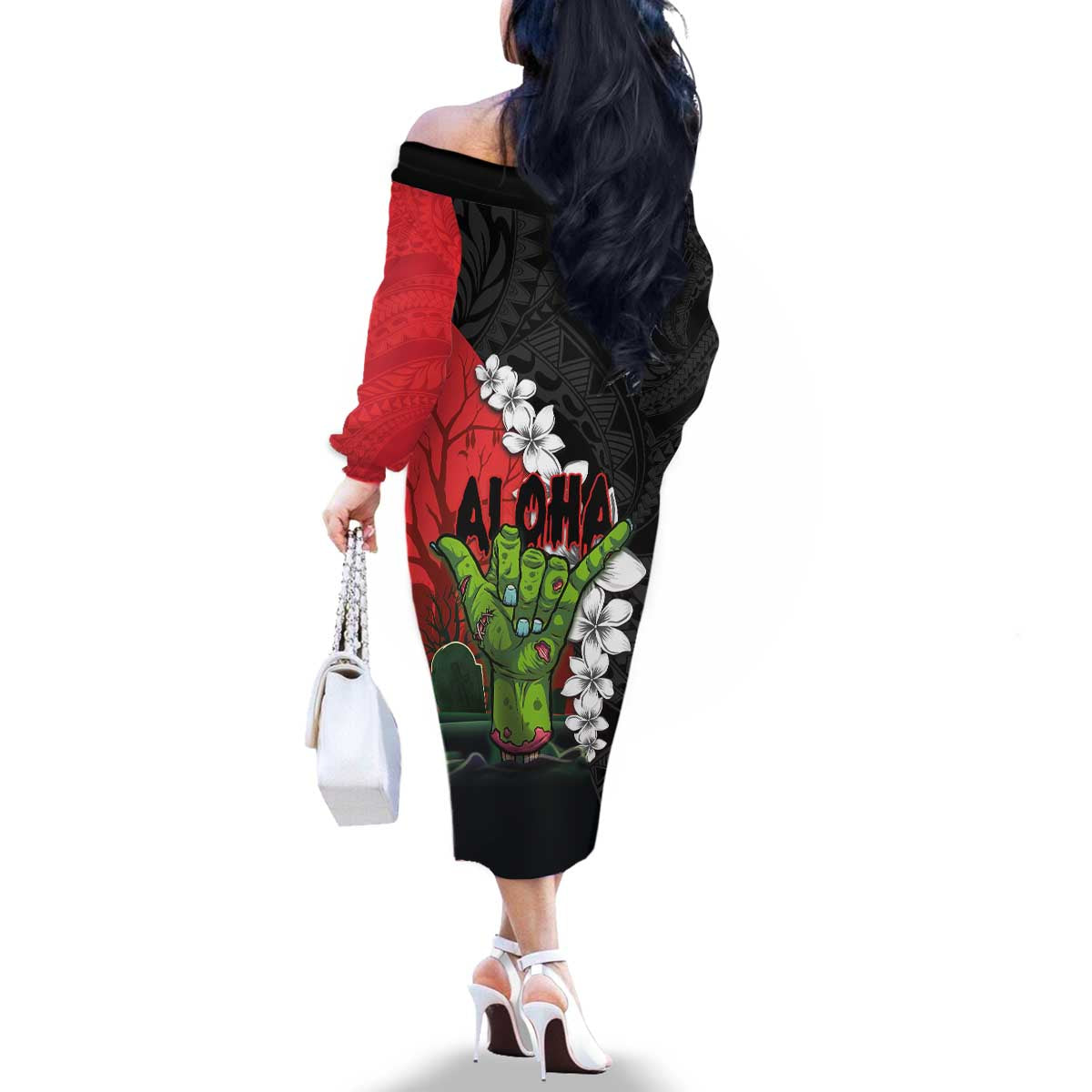 Hawaiian Halloween Family Matching Off The Shoulder Long Sleeve Dress and Hawaiian Shirt Horror Shaka Hand with Plumeria and Polynesian Tattoo Blood Color