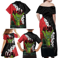 Hawaiian Halloween Family Matching Off Shoulder Maxi Dress and Hawaiian Shirt Horror Shaka Hand with Plumeria and Polynesian Tattoo Blood Color LT03 - Polynesian Pride