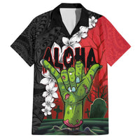 Hawaiian Halloween Family Matching Off Shoulder Maxi Dress and Hawaiian Shirt Horror Shaka Hand with Plumeria and Polynesian Tattoo Blood Color LT03 Dad's Shirt - Short Sleeve Red - Polynesian Pride