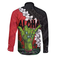 Hawaiian Halloween Family Matching Off Shoulder Maxi Dress and Hawaiian Shirt Horror Shaka Hand with Plumeria and Polynesian Tattoo Blood Color LT03 - Polynesian Pride