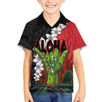 Hawaiian Halloween Family Matching Off Shoulder Maxi Dress and Hawaiian Shirt Horror Shaka Hand with Plumeria and Polynesian Tattoo Blood Color LT03 Son's Shirt Red - Polynesian Pride