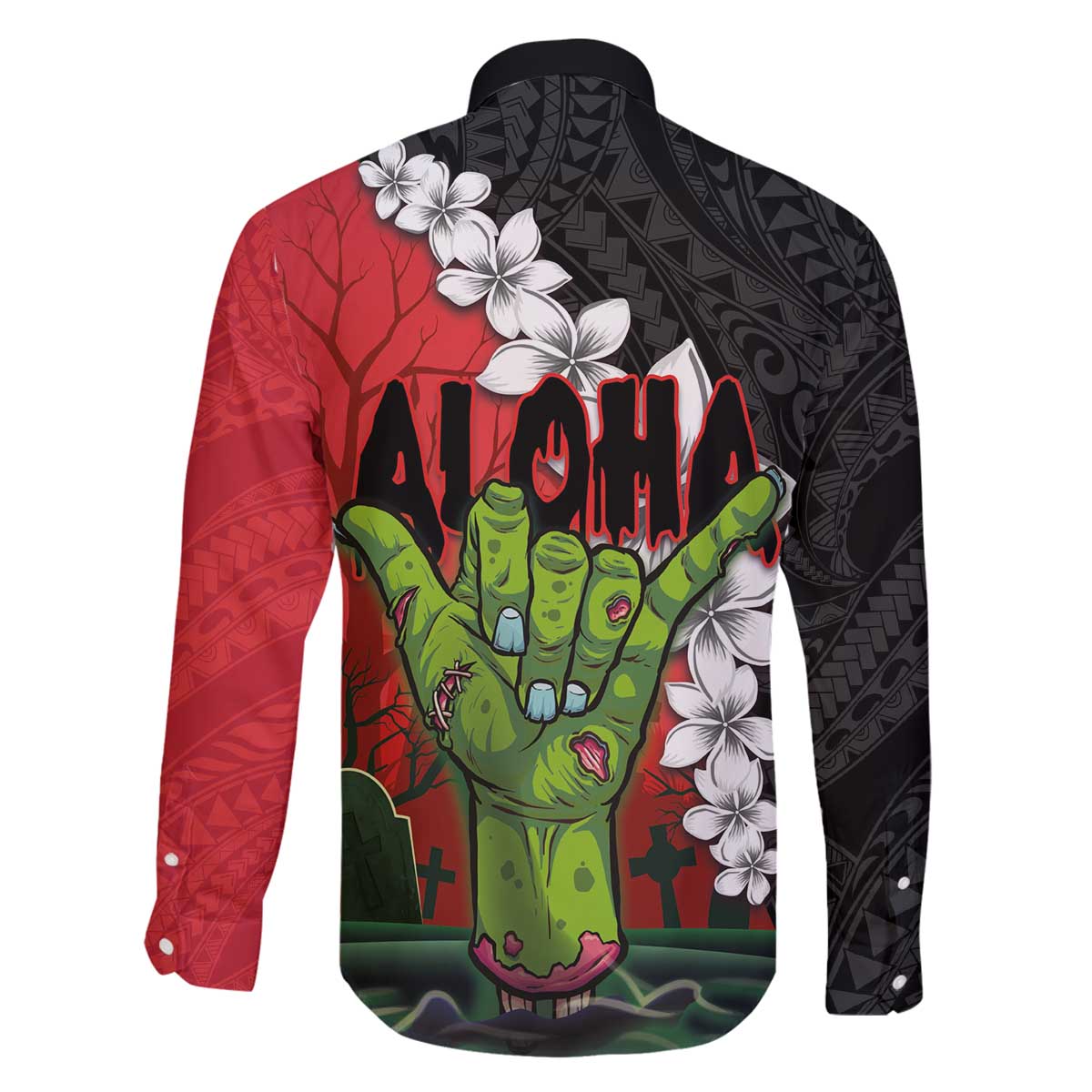 Hawaiian Halloween Family Matching Off Shoulder Short Dress and Hawaiian Shirt Horror Shaka Hand with Plumeria and Polynesian Tattoo Blood Color LT03 - Polynesian Pride