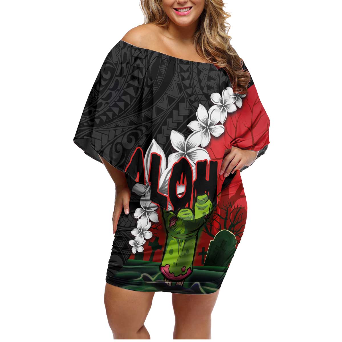 Hawaiian Halloween Family Matching Off Shoulder Short Dress and Hawaiian Shirt Horror Shaka Hand with Plumeria and Polynesian Tattoo Blood Color LT03 Mom's Dress Red - Polynesian Pride