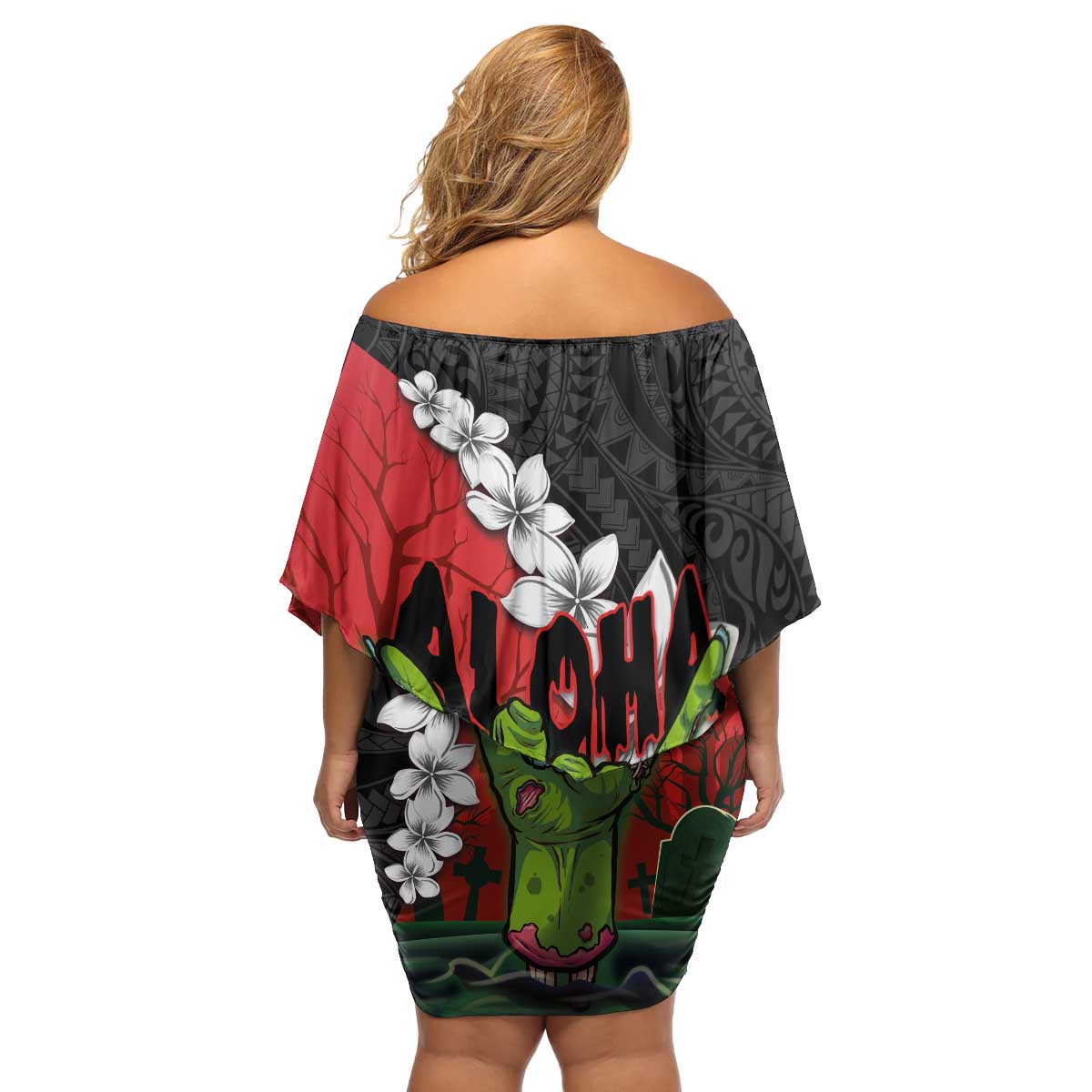Hawaiian Halloween Family Matching Off Shoulder Short Dress and Hawaiian Shirt Horror Shaka Hand with Plumeria and Polynesian Tattoo Blood Color LT03 - Polynesian Pride